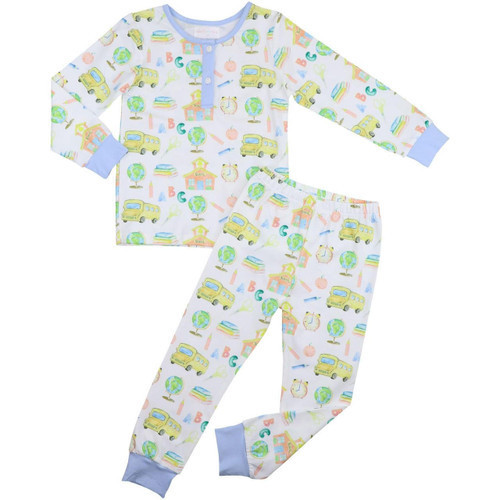 Blue Back To School Print Knit Pajamas | Cecil and Lou