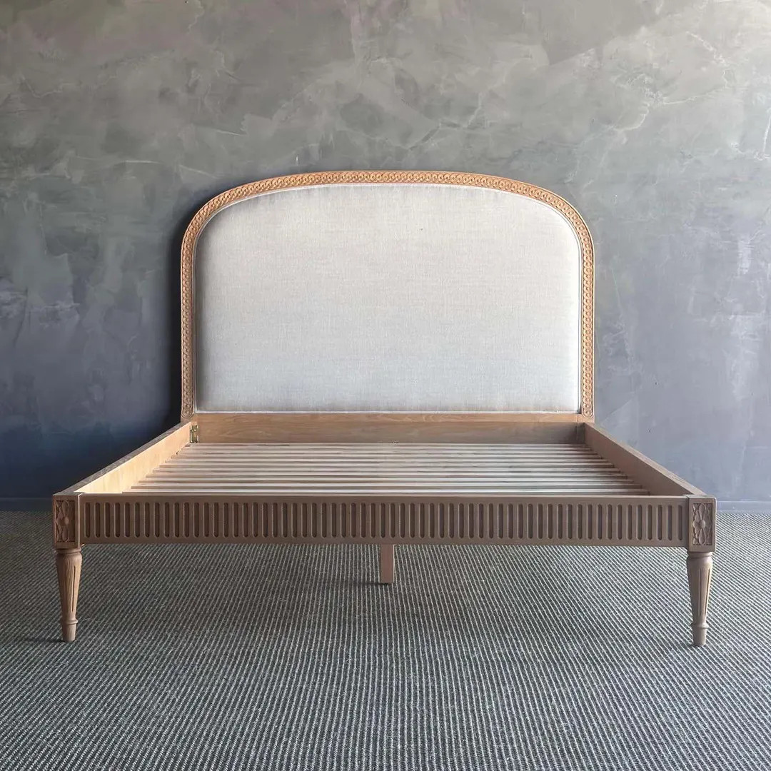 Solid Oak French Carved Queen Size Bed Upholstered in Natural Linen - Etsy | Etsy (US)