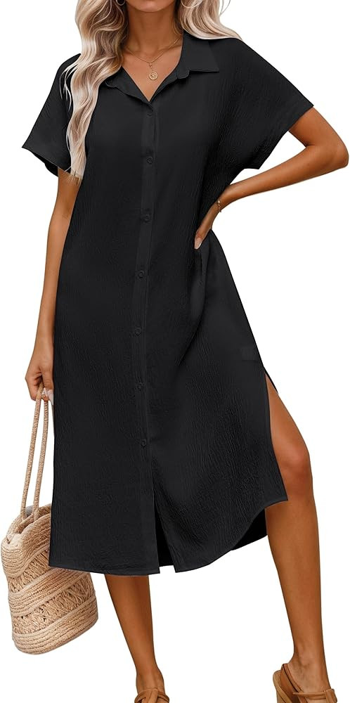 Halife Womens Swimsuit Coverup Shirt Dress Button Down Bathing Suit Cover Up Short Sleeve Beach V... | Amazon (US)