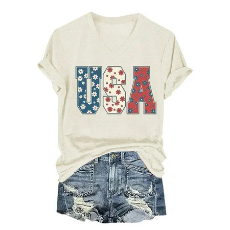 Independence Day Summer Tops for Women USA Flag V Neck Shirt Women Star and Stripes Graphic Tops Red White and Blue Short Sleeve Tee Summer Patriotic T Shirt | Walmart (US)
