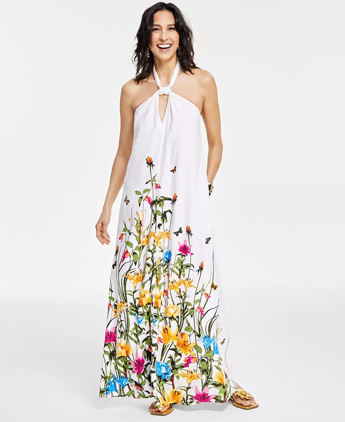 Women's Floral-Print Halter Keyhole Maxi Dress, Created for Macy's | Macy's