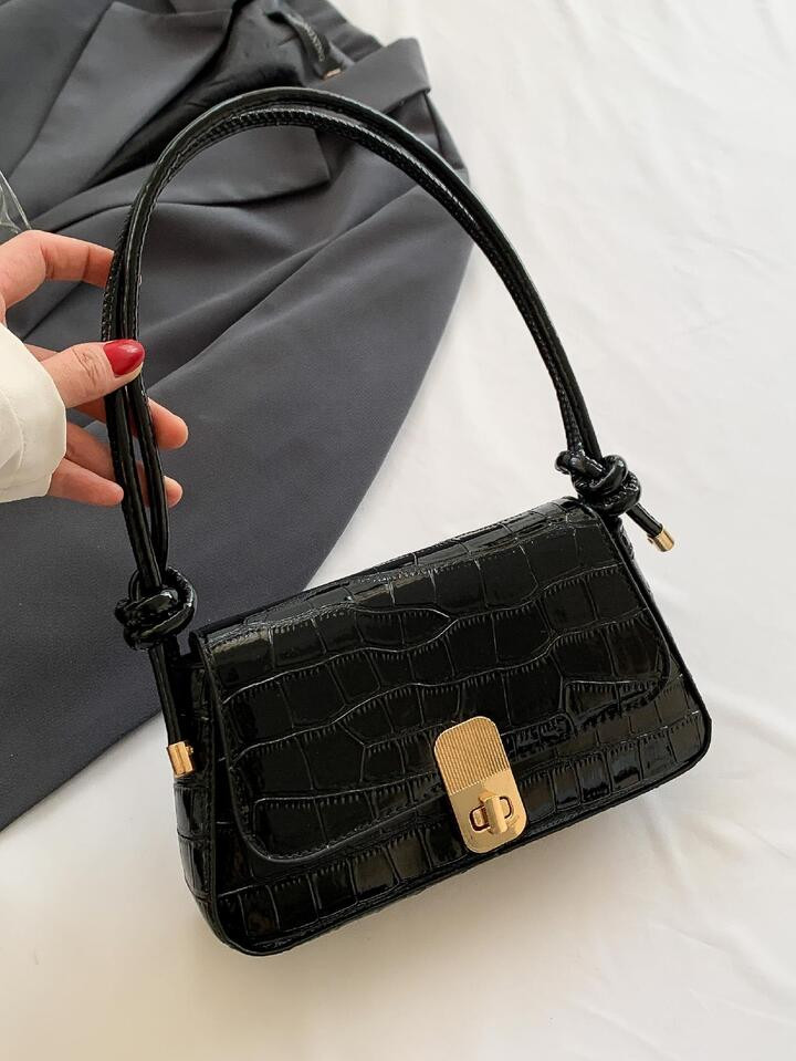 1pc Solid Color Embossed Metal Lock Buckle Adjustable Pu Shoulder Bag For Women's Daily Use, Date... | SHEIN