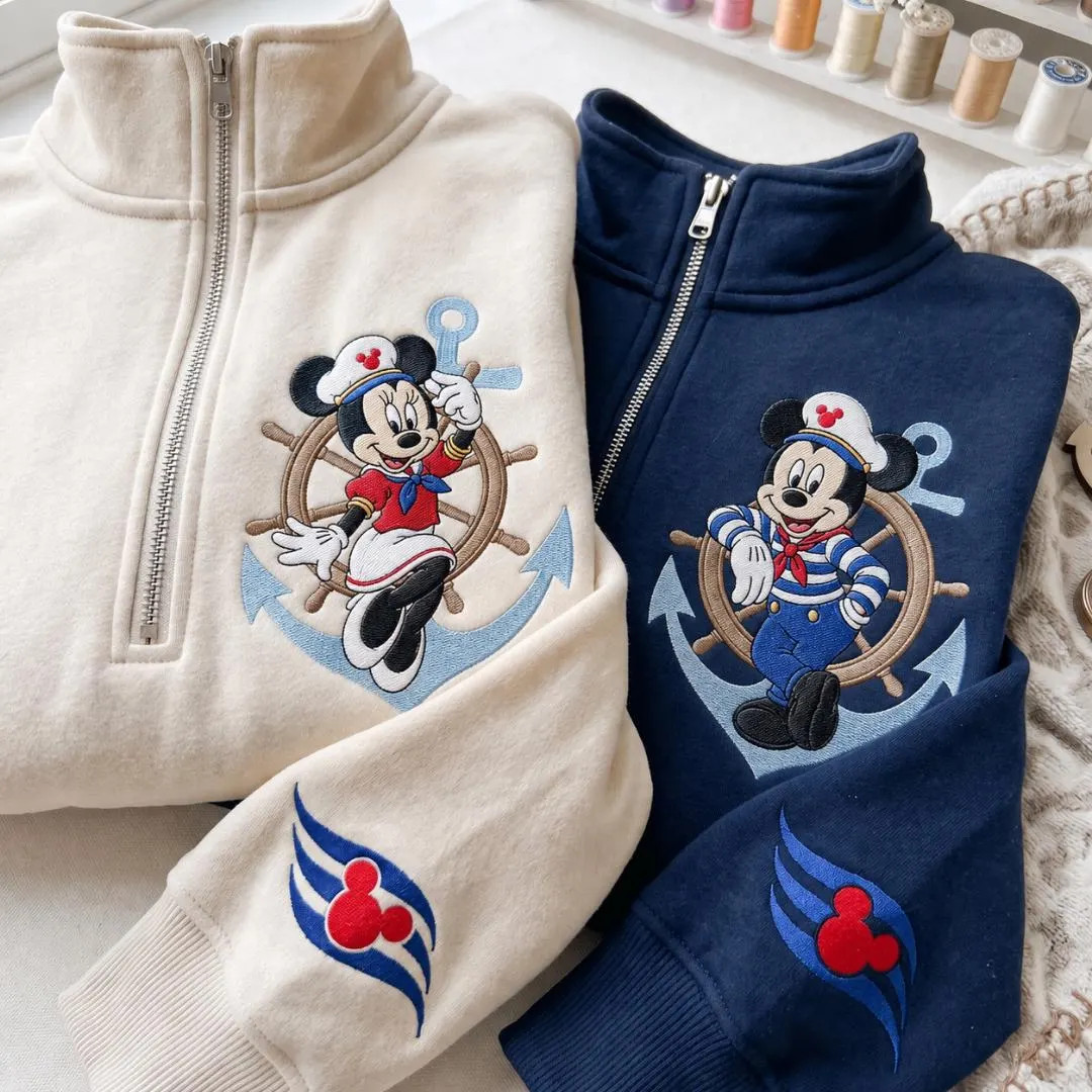 Nautical Mouse Embroidered Quarter Zip, Sailor Inspired Pullover, Couple Mouse Sea Cruise Shirt, Ocean Theme Crewneck, Family Vacation Gift | Etsy (Global)