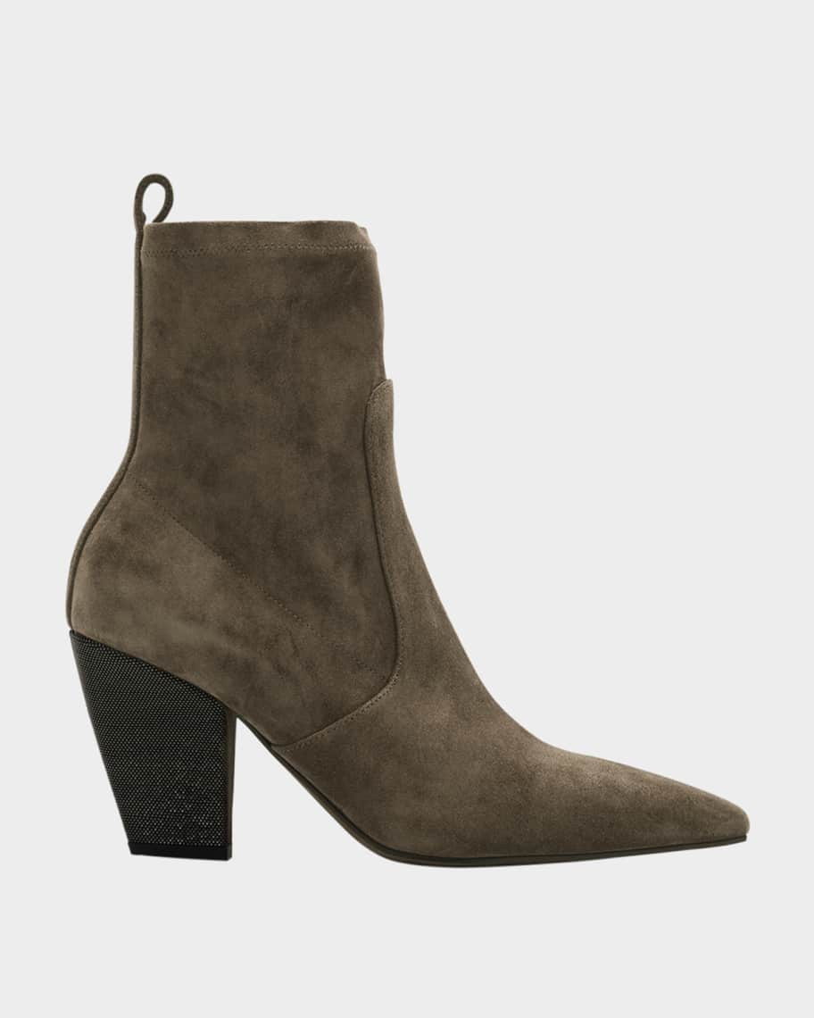 Brunello Cucinelli Suede Monili-Heel Western Booties | Neiman Marcus