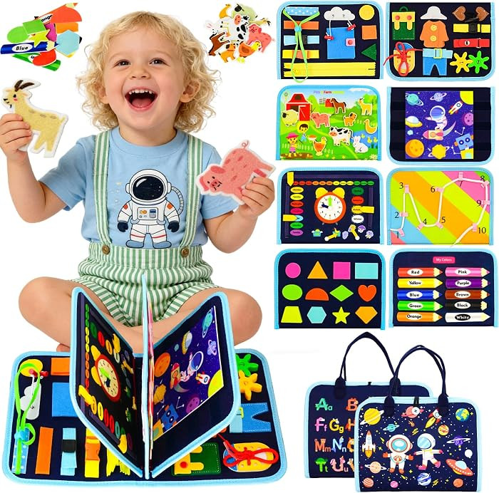 Toddler Busy Board Montessori Toys for Toddler 1-3 Year Old, Boy Birthday Gifts, Preschool Educational Montessori Busy Book Board, Felt Sensory Activity Board Sorting Toy Age 2-4 with Fine Motor Skill | Amazon (US)