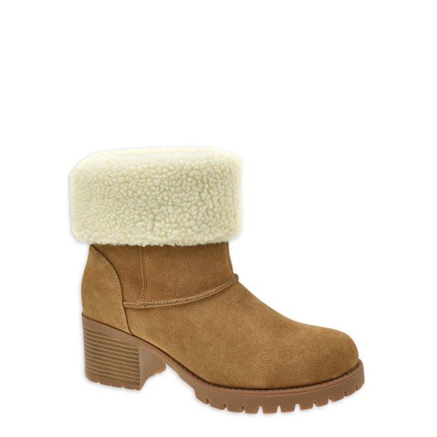 Time and Tru Women's Fold Over Heeled Cozy Boot | Walmart (US)