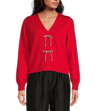 Sugarlips Eli Elle V-Neck Long Sleeve Rhinestone Bow Faux Cardigan Sweater | Dillard's | Dillard's