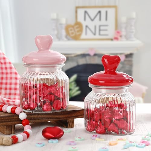 FunouHome Valentines Day Decorations -2 PCS Glass Jars with Ceramic Heart Lid-Valentines Glass Storage for Chocolate Candy Sweets Gift Table Party Centerpieces Decor | Amazon (US)