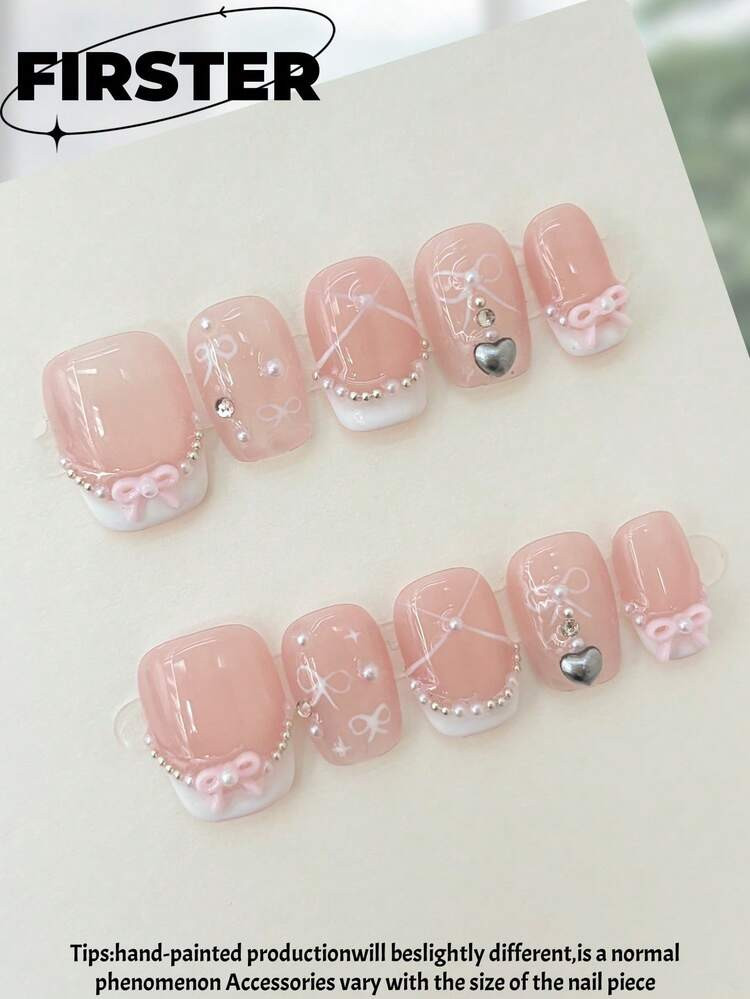 Bow & pearl almond pressons | SHEIN