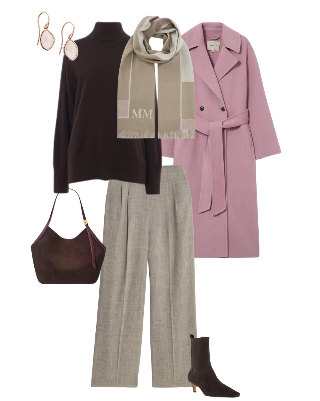 How to look elegant without sacrificing comfort - cashmere sweater, softly draping trousers, wool coat, cosy scarf - chocolate, taupe and pink mix 

 #LTKuk #LTKover50style #LTKstyletip