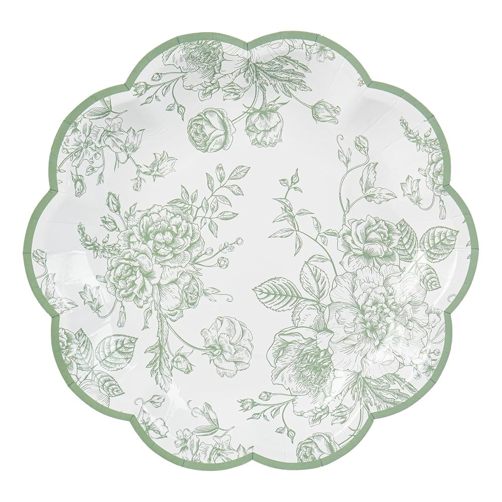 Green Floral Party Plates - Vintage Leaf Disposable Paper Plates, Wildflower Sage Toile 7" Scallo... | Amazon (US)