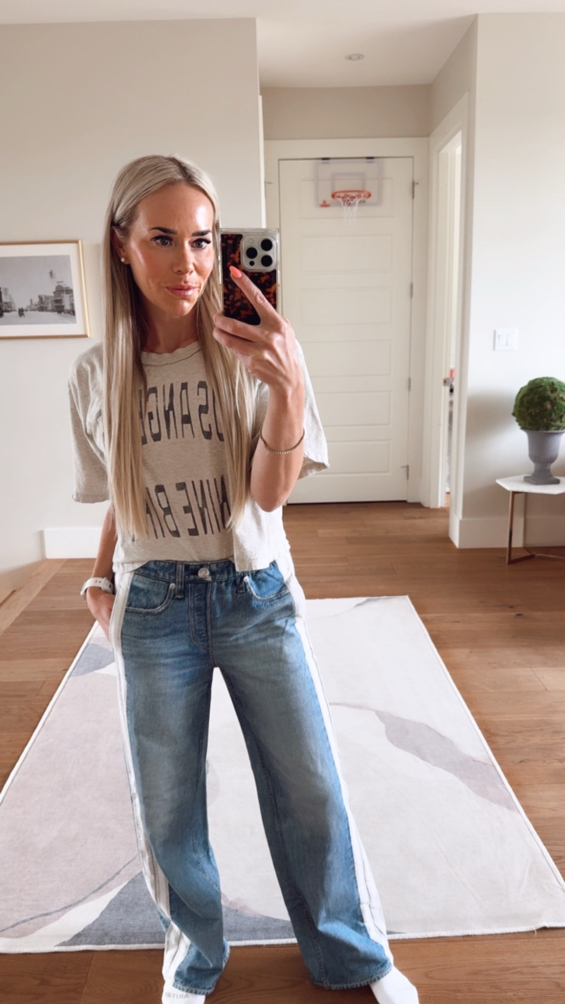 Sweatpant jeans with track pants vibes 👌.  Wearing xs. Ruuuun while they are still in stock!! This cropped tee comes in 5 colors and I wear SO much. Wearing small.

#LTKsummer #LTKsale #LTKjeans