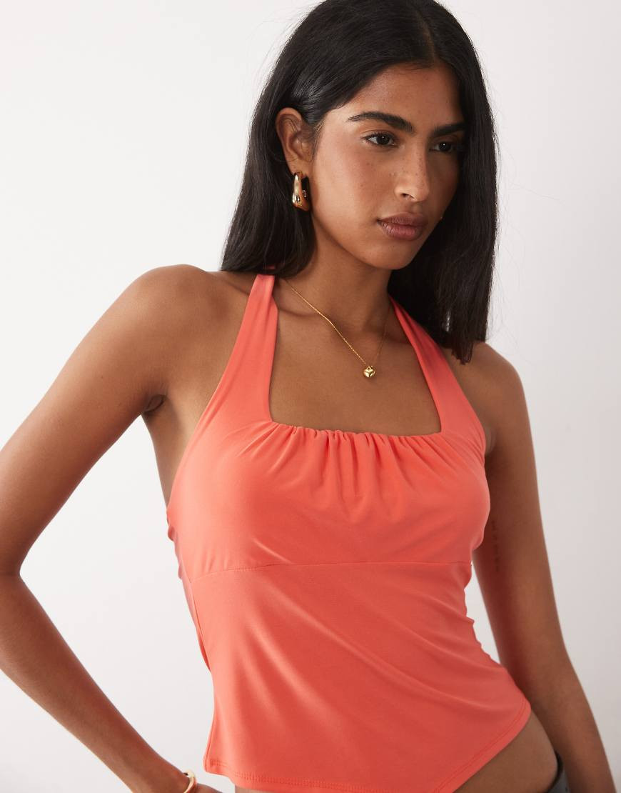 ASOS DESIGN square ruched halter top in red | ASOS (Global)