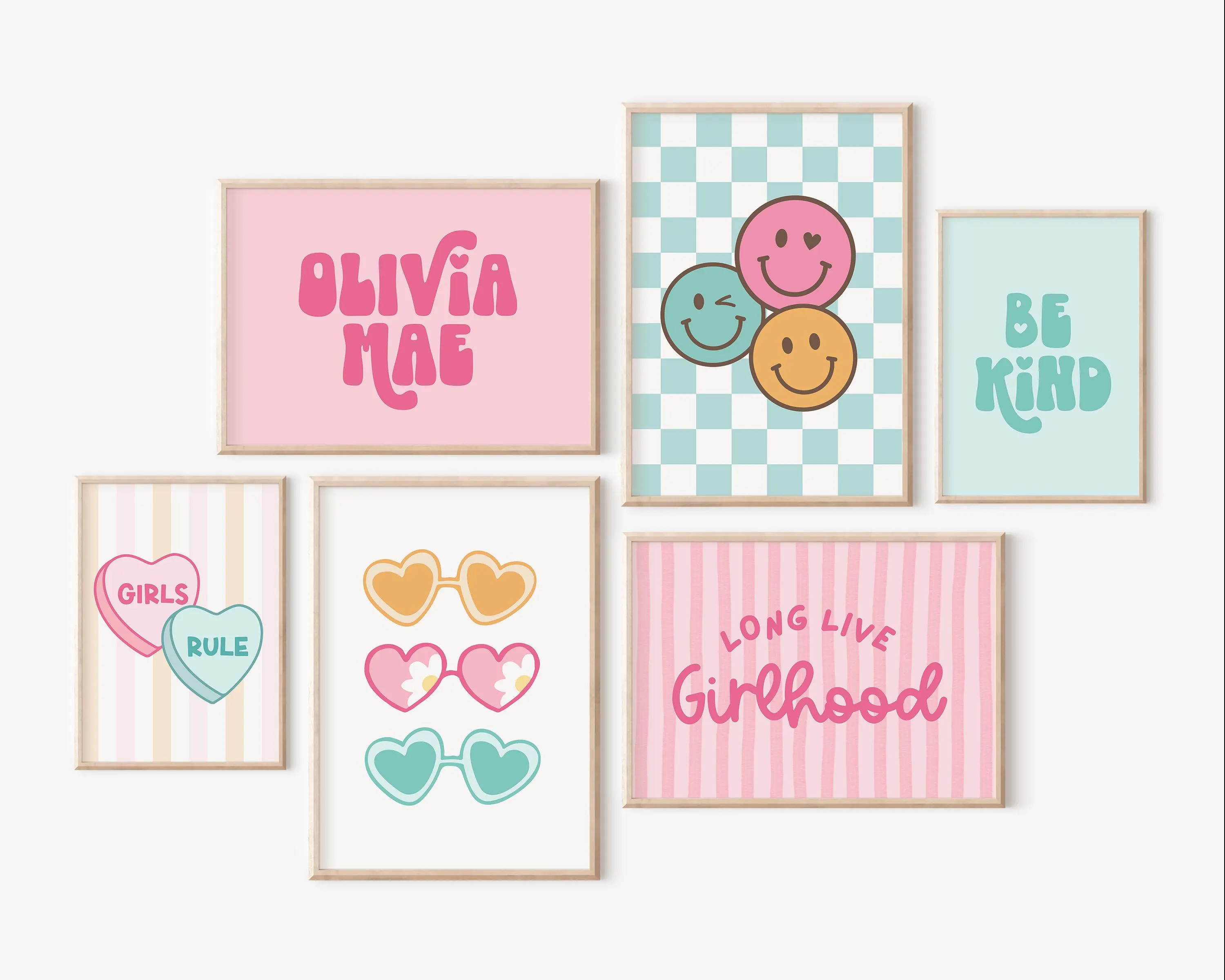 Pink & Teal Retro Inspired Girls Gallery Wall Art, Set Of 6 (Digital Download) | Etsy (Global)