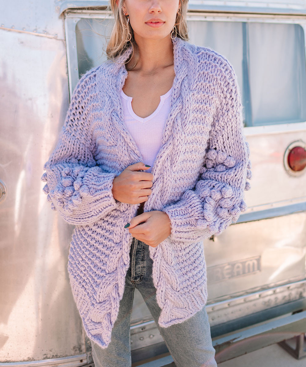 Amaryllis Women's Open Cardigans PERIWINKLE - Periwinkle Heart Pom-Pom Chunky-Knit Open Cardigan | Zulily