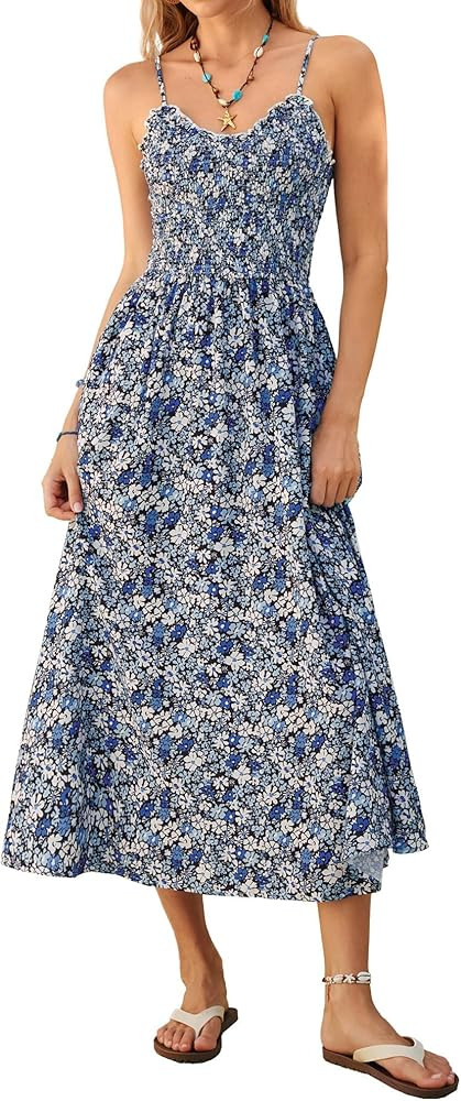 Kate Kasin Women Floral Maxi Dress Spaghetti Strap, Beach Boho Smocked Sundress, Summer Vacation ... | Amazon (US)