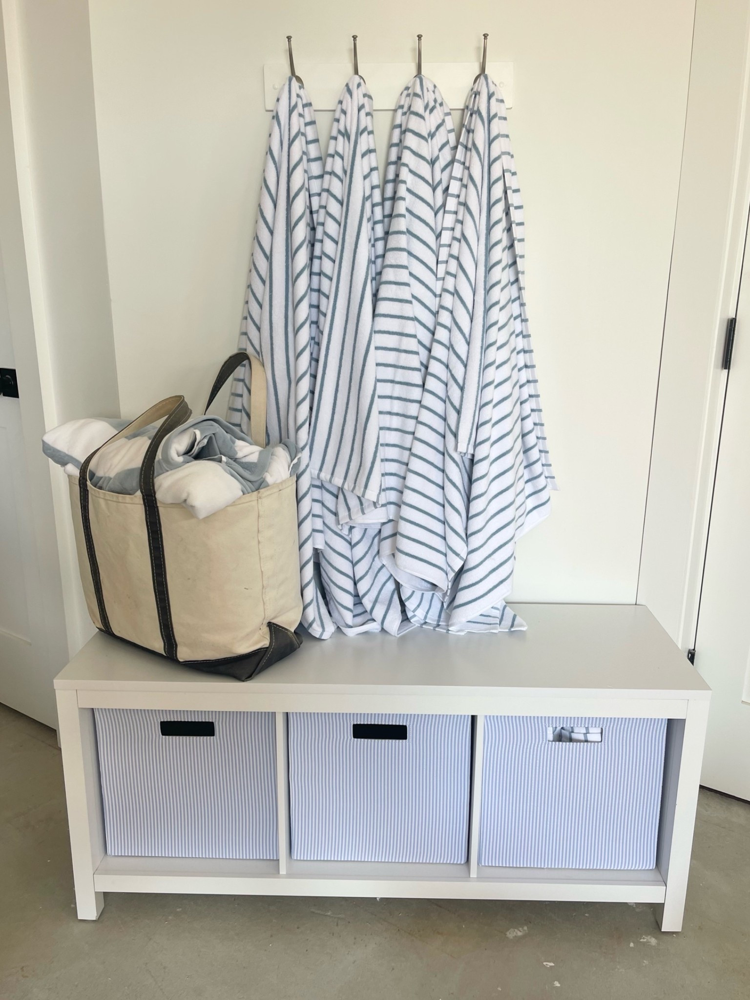 Beach tote is vintage lands end but I linked a similar!! Built this pottery barn dupe cubby all by myself 💪🏻🙌🏻 and these new seersucker blue & white striped storage baskets are sooo beautiful!!

#LTKHome