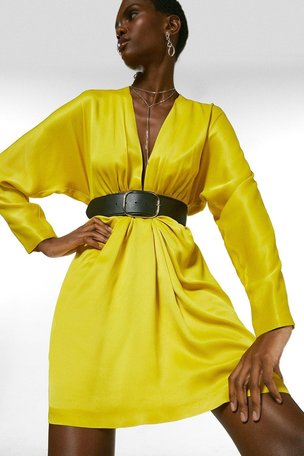 Viscose Crepe Plunge Neck Belted Dress | Karen Millen UK & IE