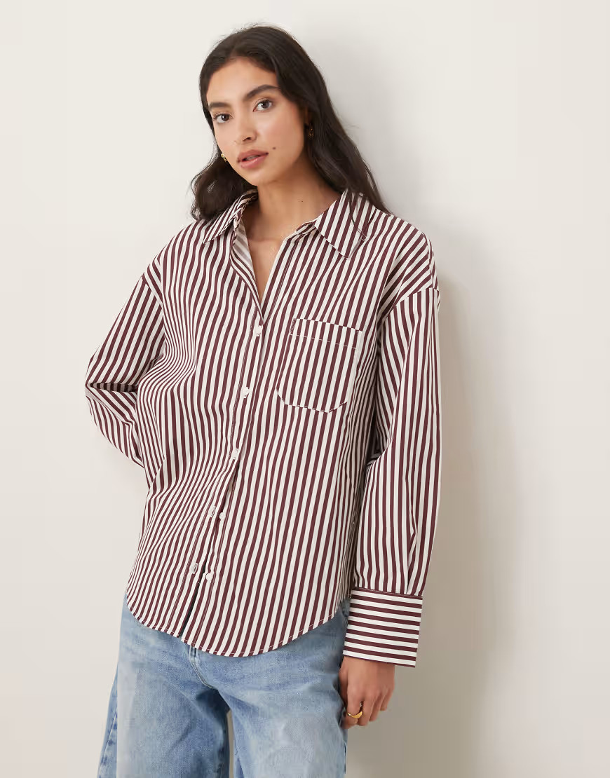 Mango cotton mix structured shirt in burgundy stripe | ASOS (Global)