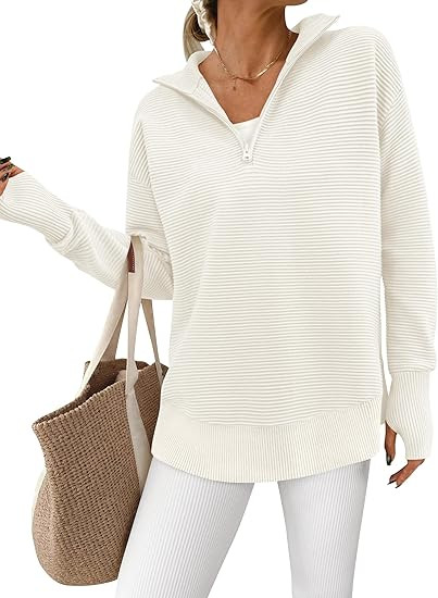 PRETTYGARDEN Womens Long Sleeve Quarter Zip Pullover Sweater Casual Loose V Neck Collared Ribbed ... | Amazon (US)