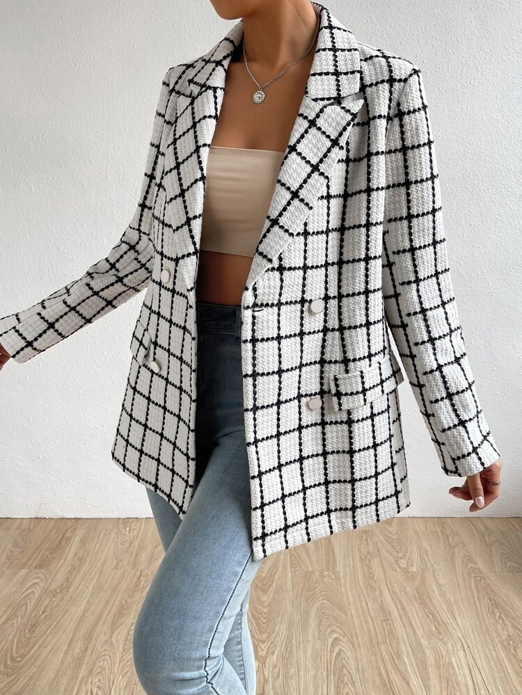 Plaid Print Double Breasted Tweed Blazer | SHEIN