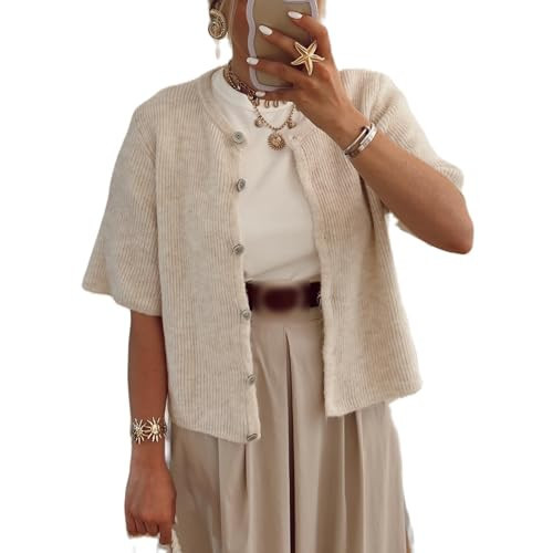 Women’s Knitted Short Sleeve Cardigan Sweater Button Down Top Beige L | Amazon (US)