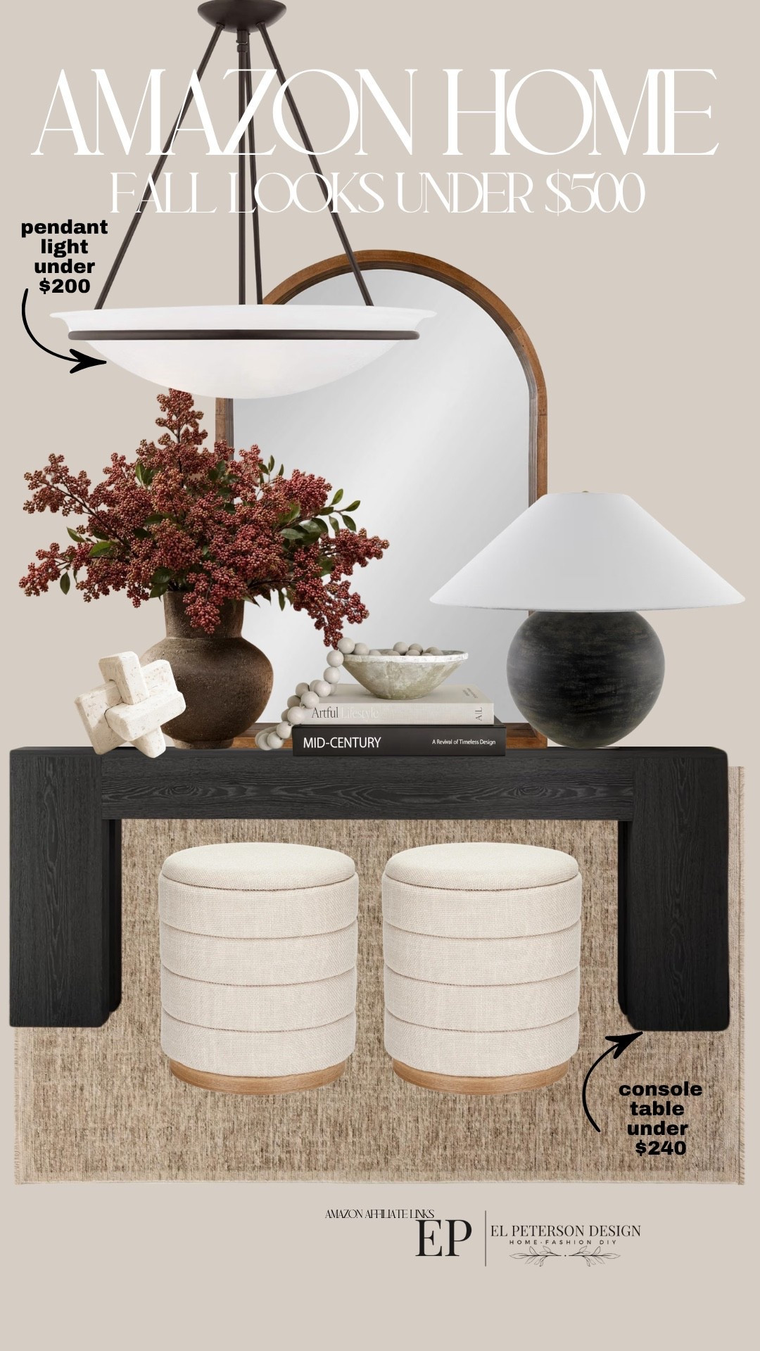 Amazon
Console table
Table lamp
Stems
Decorative knots
Decorative books
Mirror
Pendant light
Ottoman

#LTKHome