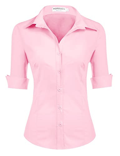 HOTOUCH Womens Fitted Button Down Shirts Pink Button Up Shirt 3/4 Sleeve Dress Shirt Blouse (Misty Rose XS) | Amazon (US)