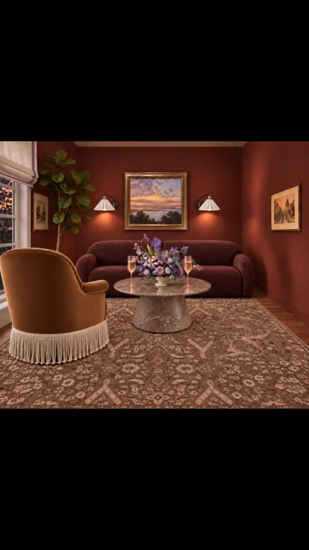 Late-afternoon cocktails turning into evening in this cozy, sophisticated living room. The deep rich red walls set such a warm, intimate mood, especially once the light begins to soften.

I love the sculptural sofa in its rich plum upholstery paired with the caramel chair and fringe detail—it brings in another layer of warmth and texture without making the room feel heavy. The tailored Roman shade gives the window a polished finish, while the hand-knotted rug grounds the entire space with its soft, refined pattern.

A round marble coffee table adds a cool natural contrast to all those warmer tones, styled here with a purple floral arrangement and pink fluted champagne glasses for an easy cocktail moment. The landscape art and pleated wall sconces finish the room with just the right mix of classic character and modern elegance.

#LivingRoom #LivingRoomDesign #LivingRoomDecor #InteriorDesign #HomeDecor #Sofa #AccentChair #FringeChair #RomanShade #WindowTreatment #HandKnottedRug #AreaRug #MarbleCoffeeTable #CoffeeTable #WallColor #RedWalls #WallArt #Artwork #WallSconce #Lighting #FloralArrangement #ChampagneGlasses #CocktailHour #EveningAtHome #ModernClassic #CozyHome #GatheringSeason

#LTKSeasonal #LTKHome #LTKSaleAlert