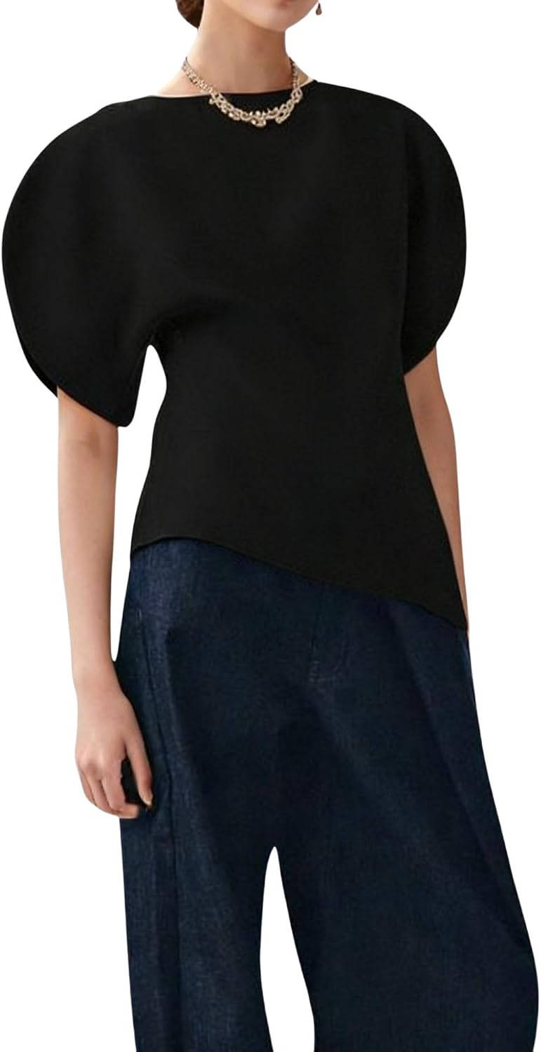 Chevara Women’s Balloon Short Sleeve Top Trendy Boat Neck Asymmetric Hem Solid Color Slim Fit Blouse Tops | Amazon (US)