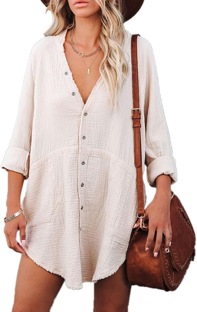 Paintcolors Women's Long Sleeve Cotton Button Down Tunic Dresses with Pockets Solid Color Oversized  | Amazon (US)