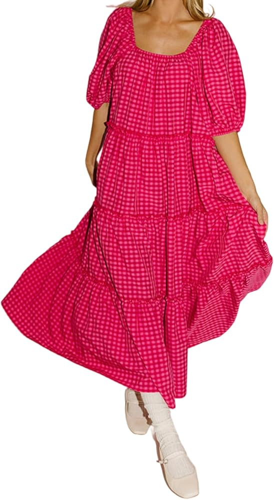 Women's 2025 Summer Boho Gingham Dress Square Neck Puff Sleeve A-line Flowy Loose Long Maxi Dress | Amazon (US)
