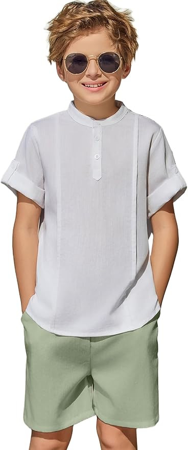 Arshiner Boy's 2 Pieces Linen Sets Short Sleeve Henley Shirt and Shorts Summer Beach Matching Out... | Amazon (US)