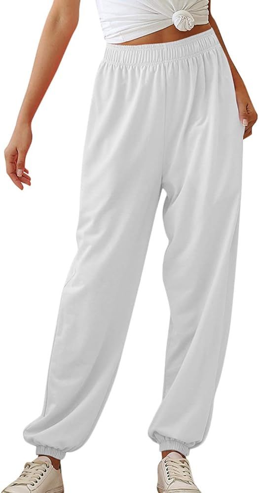 Women Elastic Waist Casual Pants with Pockets Solid Lounge Sports Sweatpants | Amazon (US)