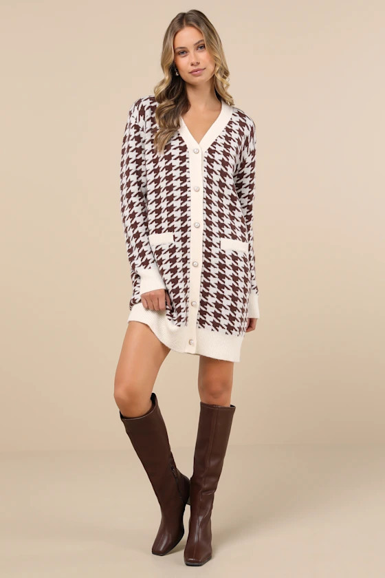 Truly Iconic Ivory and Brown Houndstooth Cardigan Sweater Dress | Lulus