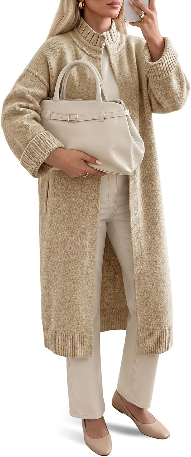 Saodimallsu Womens Ruffle Mock Neck Open Front Long Cardigan Sweaters | Amazon (US)