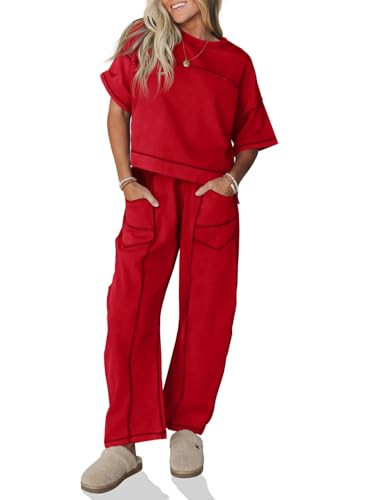Fisoew Womens 2 Piece Outfits Lounge Sets Short Sleeve Tops and Wide Leg Pants Travel Vacation Ca... | Amazon (US)