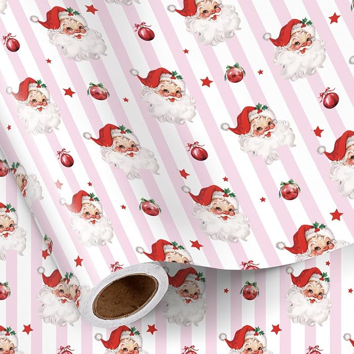 RUSPEPA Christmas Santa Wrapping Paper Roll, Mini Roll, Cute Santa Claus, Red Ornament and Star D... | Amazon (US)