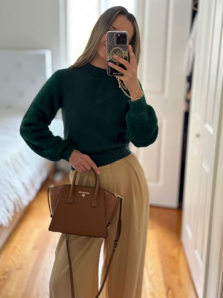 Green sweater is sz small
Beige wide leg pants sz small
I’m 5’5” 122 lbs 
I wear pants with flats
Brown leather bag is on sale!

Black friday deals!

#LTKHoliday #LTKGiftGuide #LTKCyberWeek