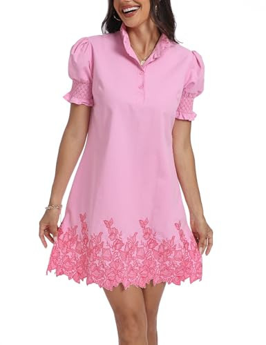 Women's Summer Embroidered Mini Dress Floral Short Puff Sleeve Loose A Line Ruffle Collar Shift Dresses Pink | Amazon (US)