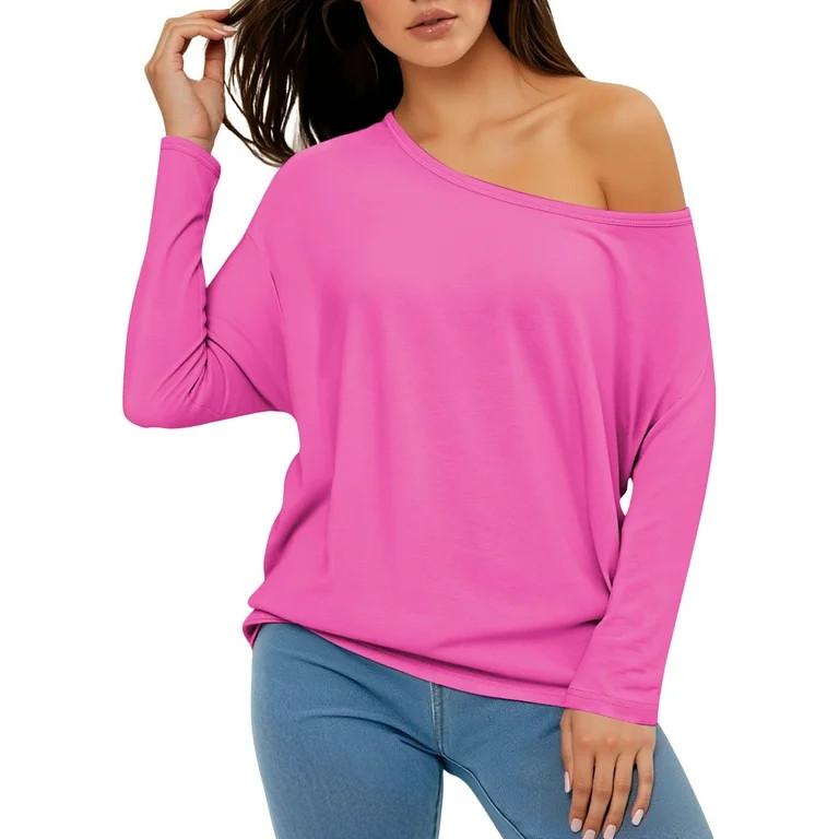 Rggeeun Women Tshirts Slash Neck Off The Shoulder Long Sleeve Solid Color Loose Casual Top For Sp... | Walmart (US)