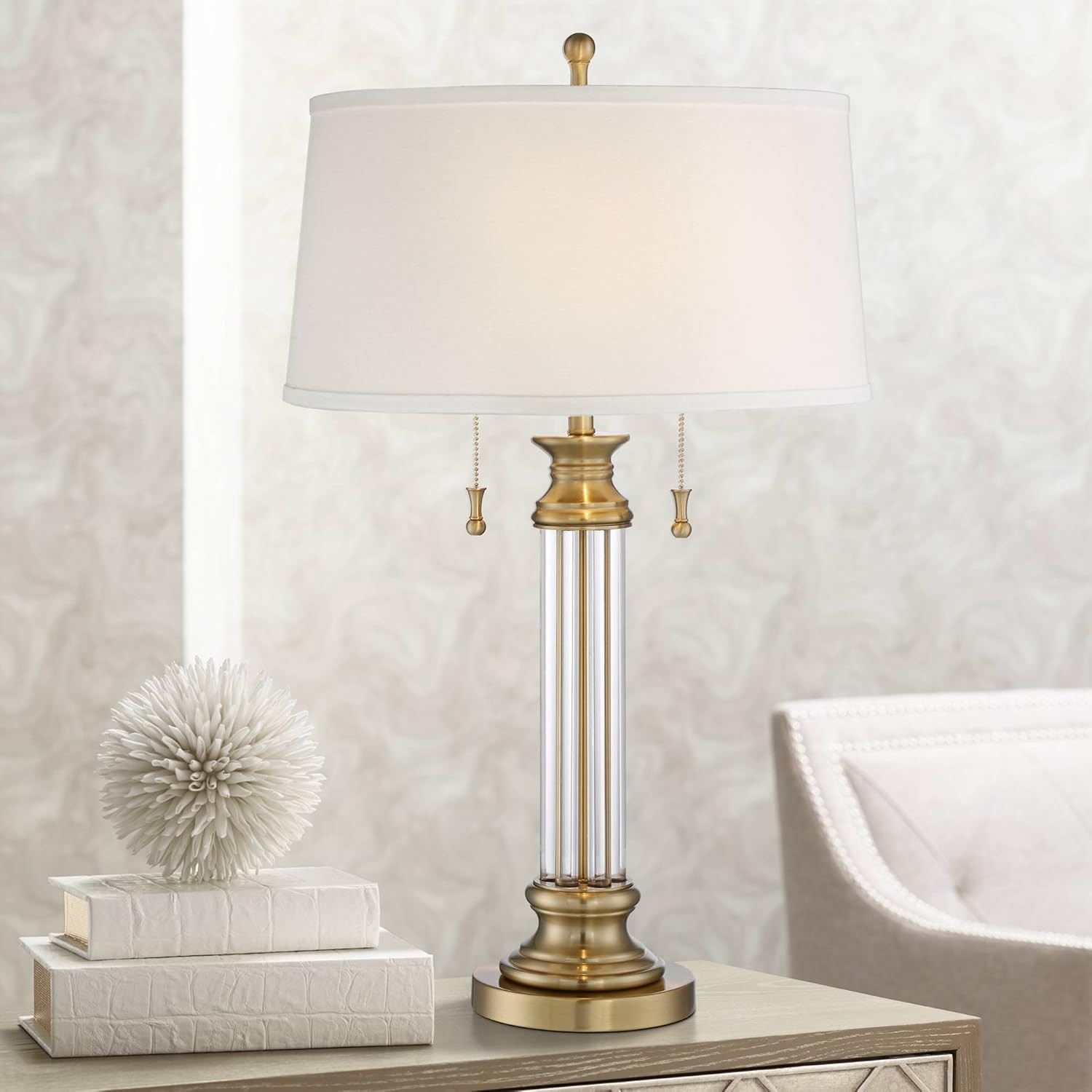 Rolland Traditional Table Lamp Crystal Brass Column Off White Tapered Drum Shade for Living Room ... | Amazon (US)
