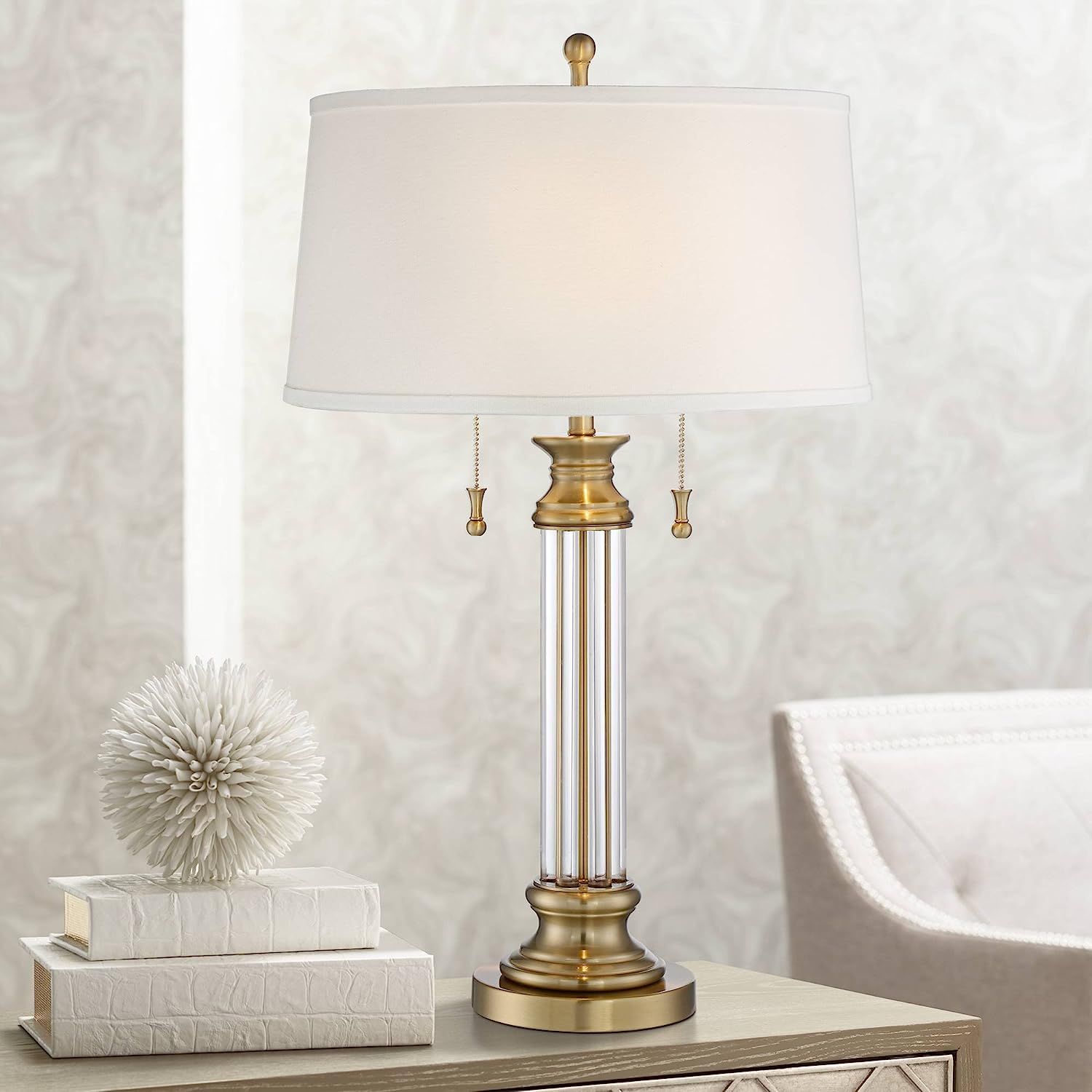 Rolland Traditional Table Lamp Crystal Brass Column Off White Tapered Drum Shade for Living Room ... | Amazon (US)