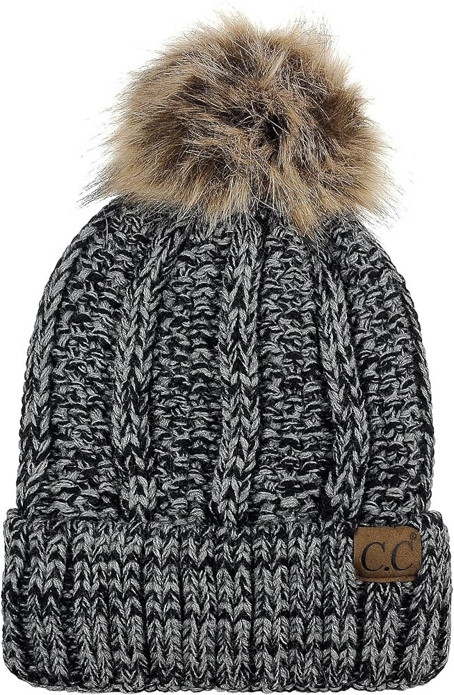 C.C Thick Cable Knit Faux Fuzzy Fur Pom Fleece Lined Skull Cap Cuff Beanie | Amazon (US)
