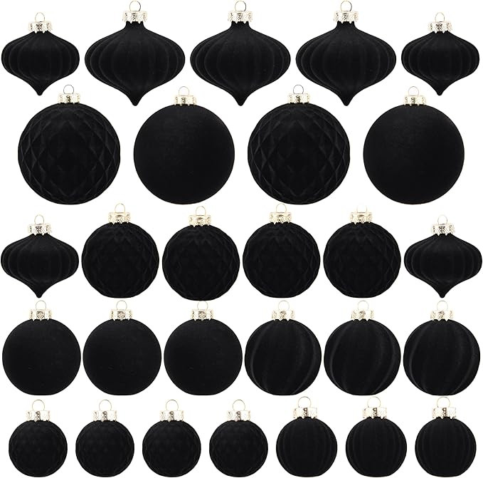 Flocked Ornaments for Christmas Tree Decorations - 28pcs Black Velvet Ball Ornament for Xmas Holi... | Amazon (US)