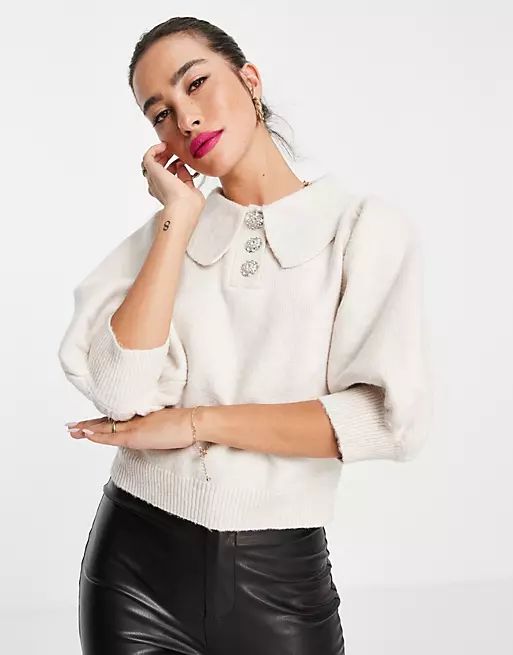 Fashion Union fluffy cropped knit with diamante buttons and collar | ASOS (Global)