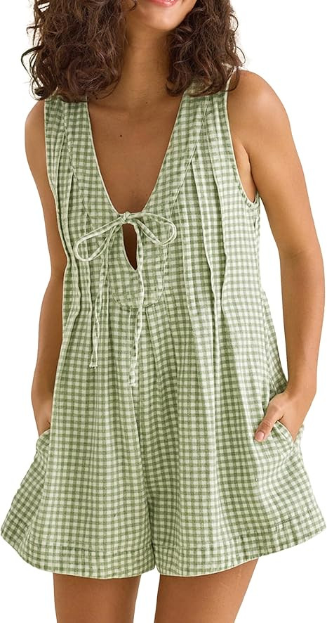 Womens Patterned Sleeveless Romper Deep V-Neck Tie Front Overalls Jumpsuit for Summer Beach Vacat... | Amazon (US)