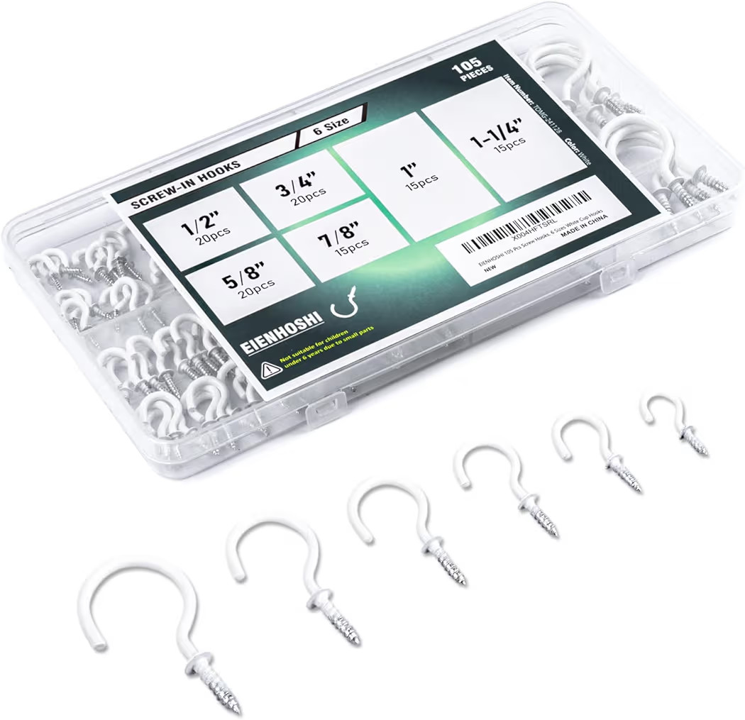 105 Pcs Screw Hooks, 6 Sizes White Cup Hooks, Screw in Hooks for Hanging, Metal Cup Hook Screw in... | Amazon (US)