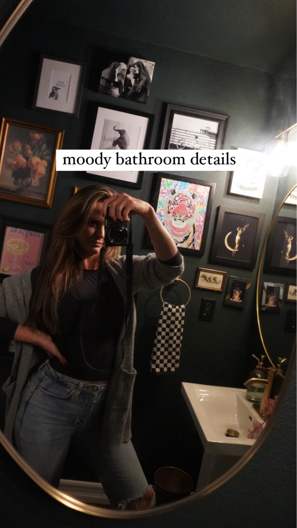 moody bathroom fit + extra details. loved getting creative for this project! Vintage, serene, witchy meets deco art 

#witch #vintage #creativebathroom #mackenziechilds #funnyprints #golddecor #bronzedgold #brushedgold #checkered 

#LTKhome #LTKstyletip