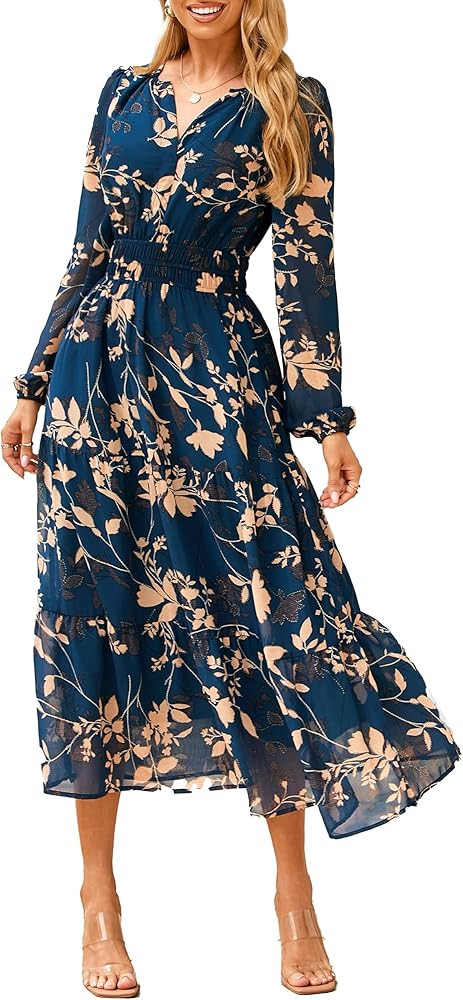 Simplee Women's Floral Boho Long Sleeve Maxi Dress V Neck Empire Waist Swing Flowy Wedding Guest ... | Amazon (US)
